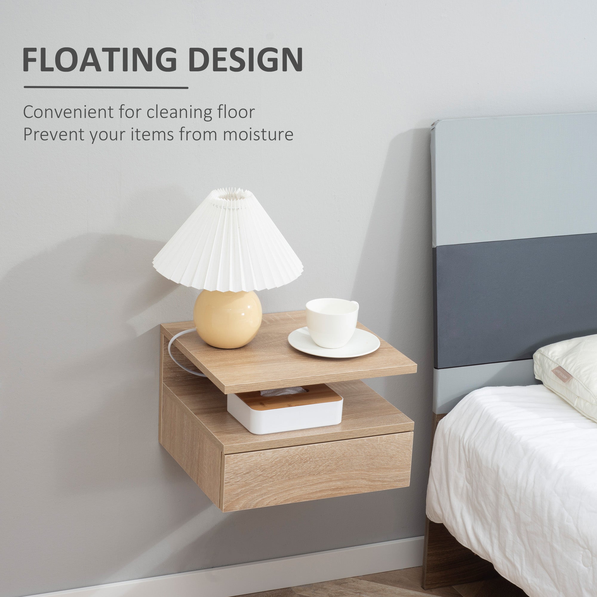 HOMCOM Set of Two Floating Bedside Tables - Oak Tone 