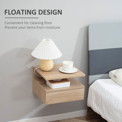 HOMCOM Set of Two Floating Bedside Tables - Oak Tone 