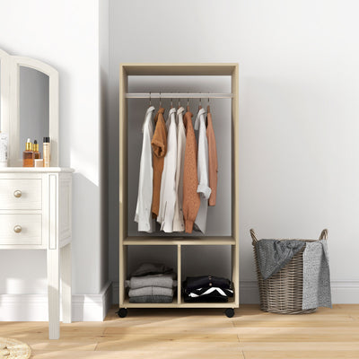 HOMCOM Open Wardrobe on Wheels, Bedroom Wardrobe with Clothes Hanging Rail, 2 Storage Shelves, Mobile Garment Rack for Cloakroom, Hallway, Natural