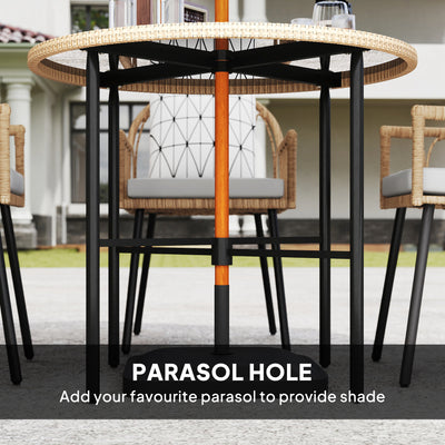 Outsunny 5 Piece Patio Rattan Dining Set, Wicker Garden Table and Chairs w/ Removable Seat & Back Cushions, Round Tempered Glass Tabletop, Parasol Hole, Outdoor Furniture Conservatory Set, Light Brown 