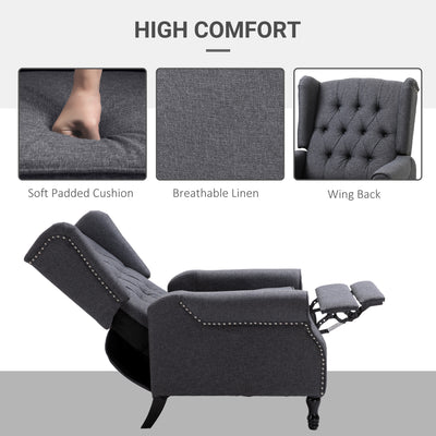 HOMCOM Recliner Armchair, Vintage Reclining Chair with Nail Head Trim, Wingback Chair with Button Tufted Back and Footrest, for Living Room, Dark Grey 