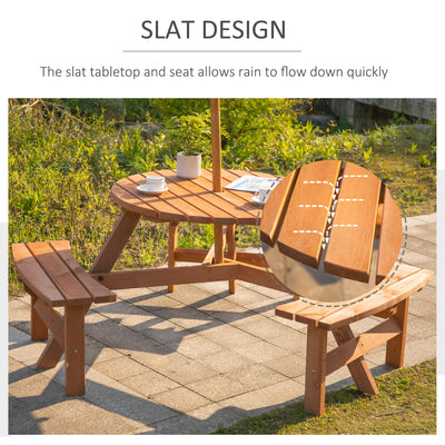 Outsunny 6 Seater Wooden Picnic Table and Garden Benches Set, Round Garden Dining Set with 3 Benches and Umbrella Hole Outdoor Garden Park, Brownish Red 