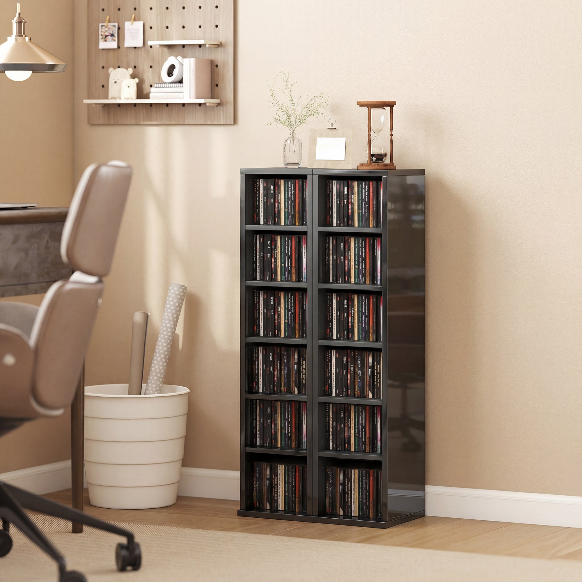 HOMCOM Set of 2 CD Media Display Shelf Unit Tower Rack with Adjustable Shelves, High Gloss Black 