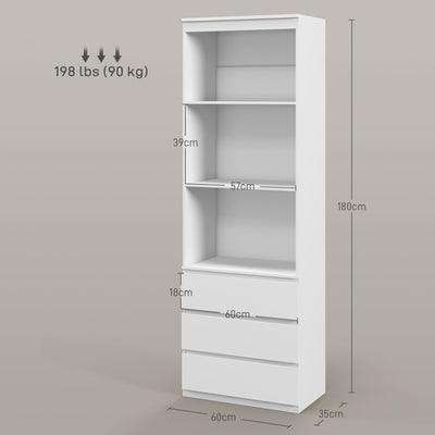 HOMCOM 180cm Tall Bookcase, with Shelves and Drawers - White 
