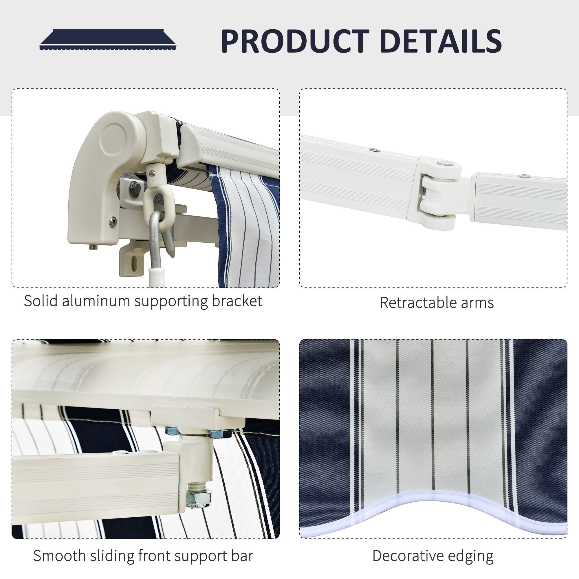 Outsunny Manual Retractable Awning, 3x2.5 m-Blue/White Stripes