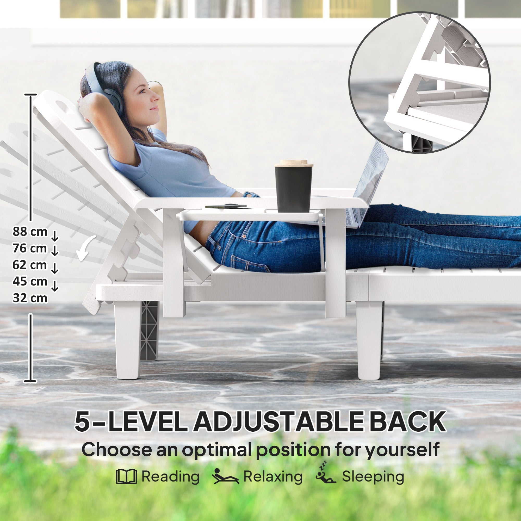 Outsunny Set of 2 Resin Reclining Sun Loungers for Garden, 5 Positions Adjustable Outdoor Chaise Lounge Chairs with Wood Texture Surface, Armrests, Foldable Side Table for Garden, Beach, White 