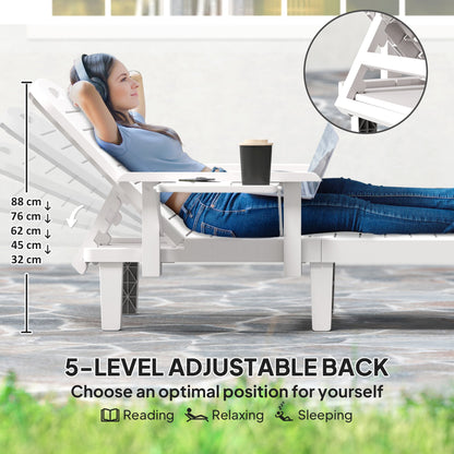 Outsunny Set of 2 Resin Reclining Sun Loungers for Garden, 5 Positions Adjustable Outdoor Chaise Lounge Chairs with Wood Texture Surface, Armrests, Foldable Side Table for Garden, Beach, White 