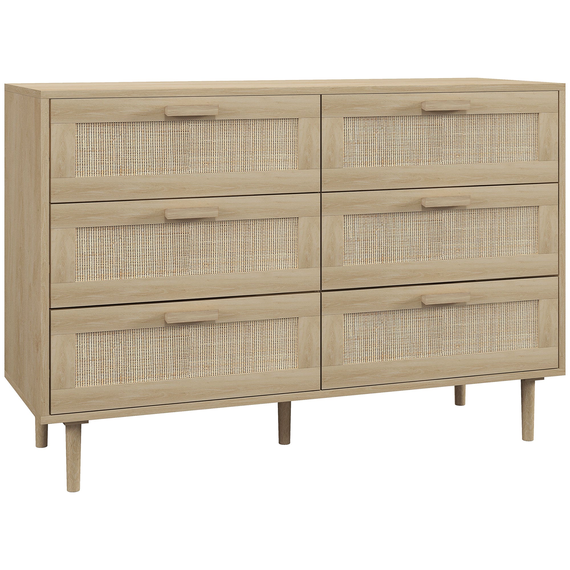 HOMCOM Chest of Drawers, 6-Drawer Dresser, Tall Storage Drawer Unit with Rattan Element for Bedroom, Living Room, Oak