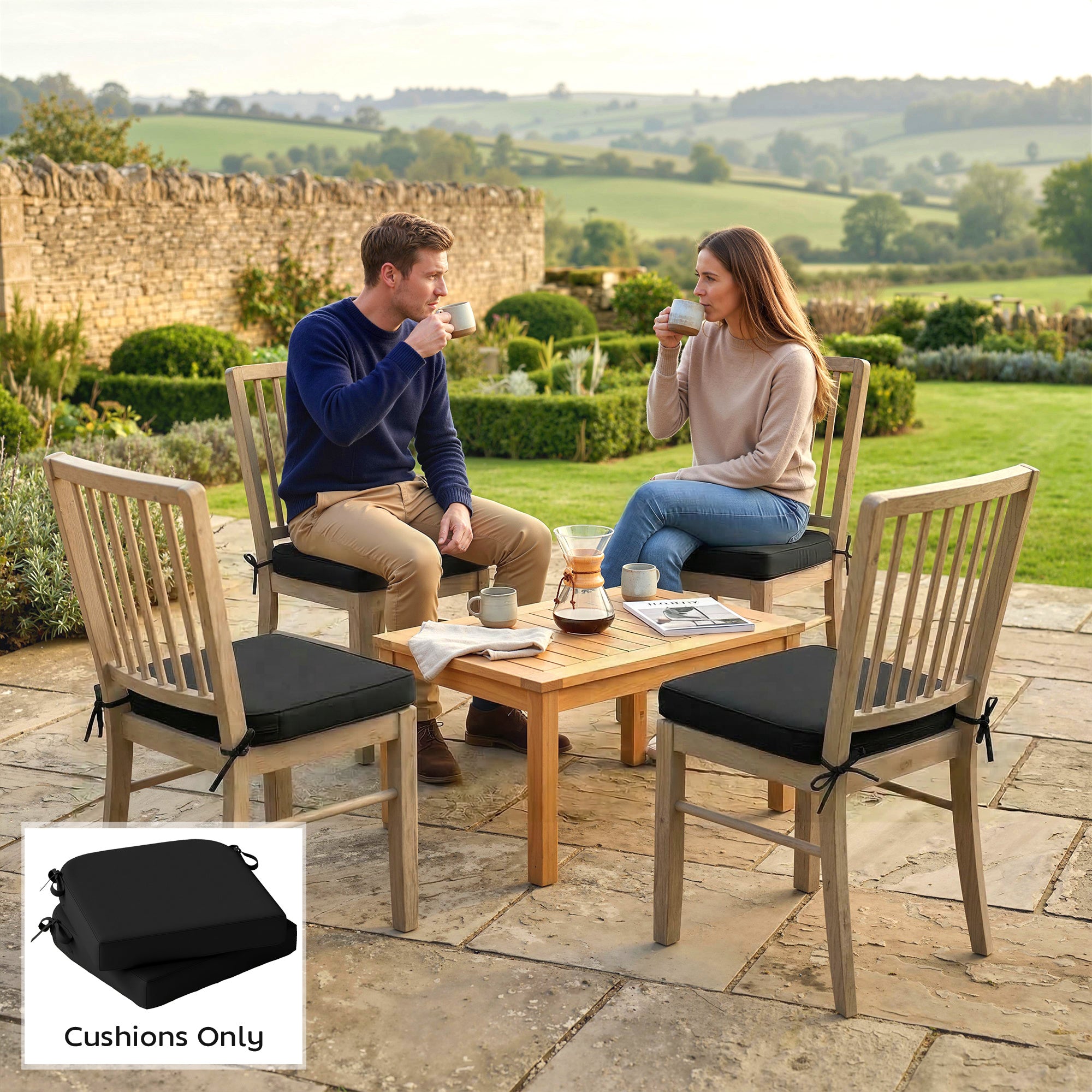 Outsunny Outdoor Chair Seat Cushions Set of 2, Garden Chair Cushions with 7cm Thick Foam & Ties, Black 