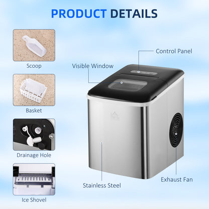 HOMCOM Ice Maker Machine, Counter Top Ice Cube Maker for Home, 9 Ice Cubes per 8 Minutes, 1.8L with Self Cleaning Function, Scoop and Basket Stainless Steel No Plumbing Required Black 