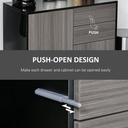 HOMCOM High Gloss Frame Sideboard, Push-Open Design with 2 Drawer for Living Room, Bedroom, 74H x 79W x 36Dcm, Light Grey and Black 
