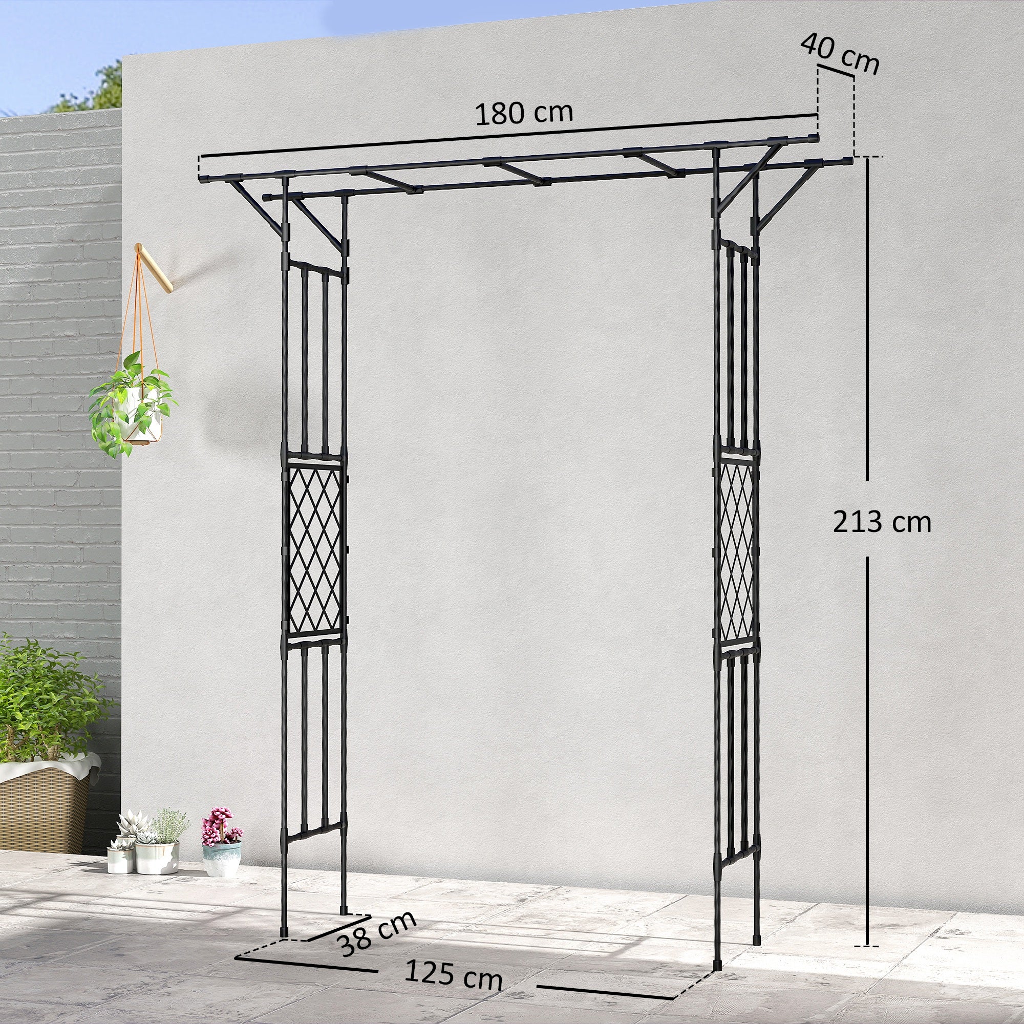 Outsunny Garden Arch, PE-Coated Steel Arbour Trellis for Climbing Plants, Rose Arch, 180 x 40 x 215 cm, Black 