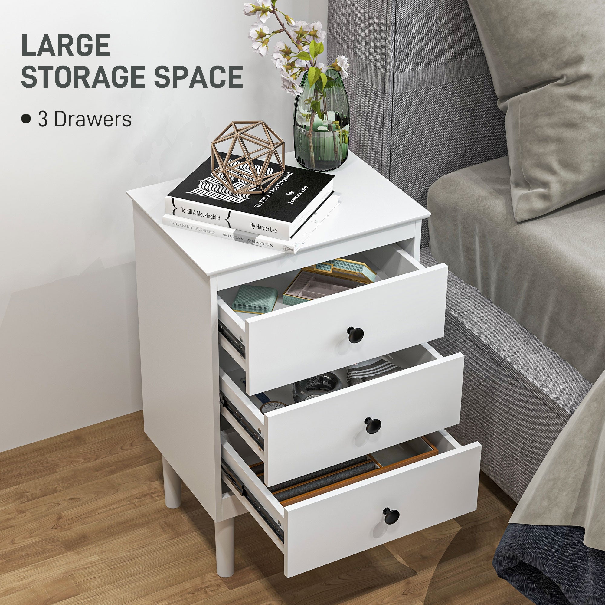 HOMCOM Set of Two Three-Drawer Modern Bedside Tables - White 