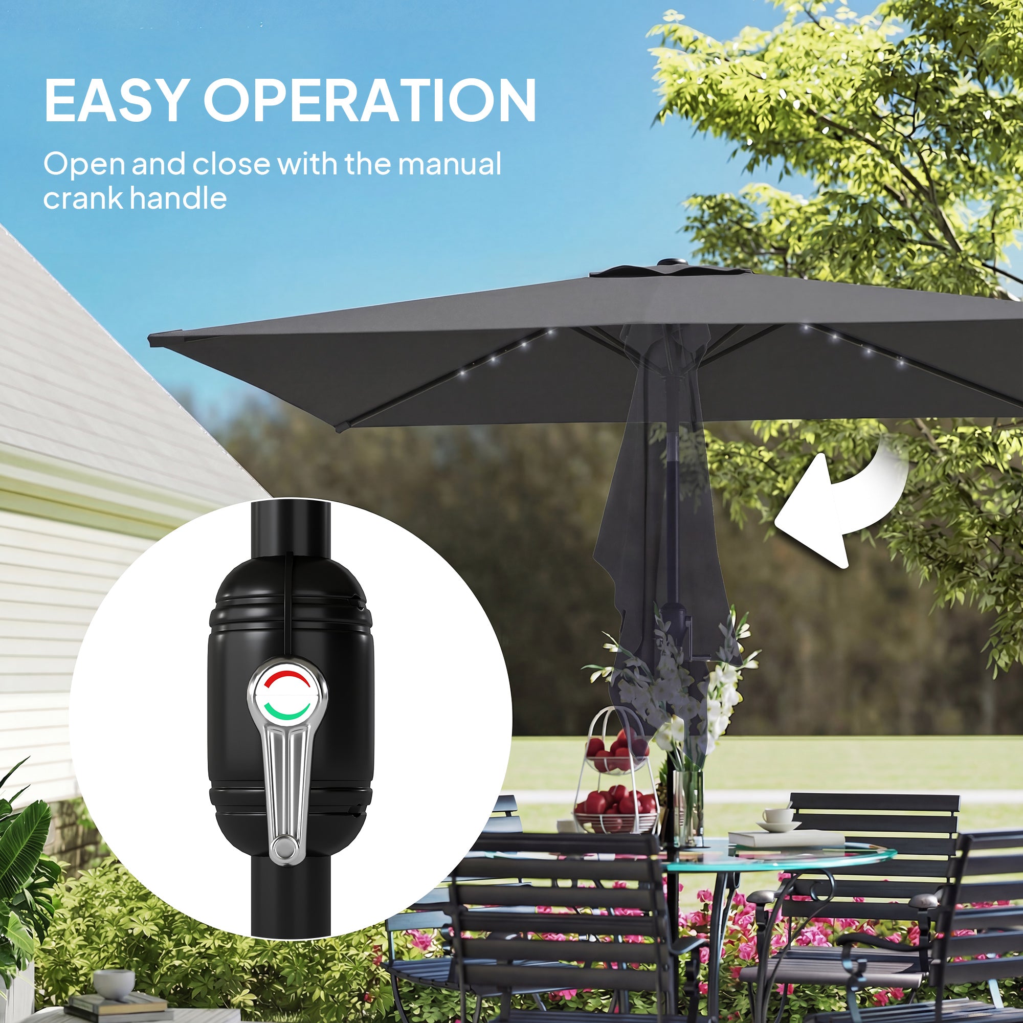Outsunny 3 x 2 m Garden Parasol Umbrella with LED Solar Light, Parasol Cover, Outdoor Market Patio Umbrella, Black 