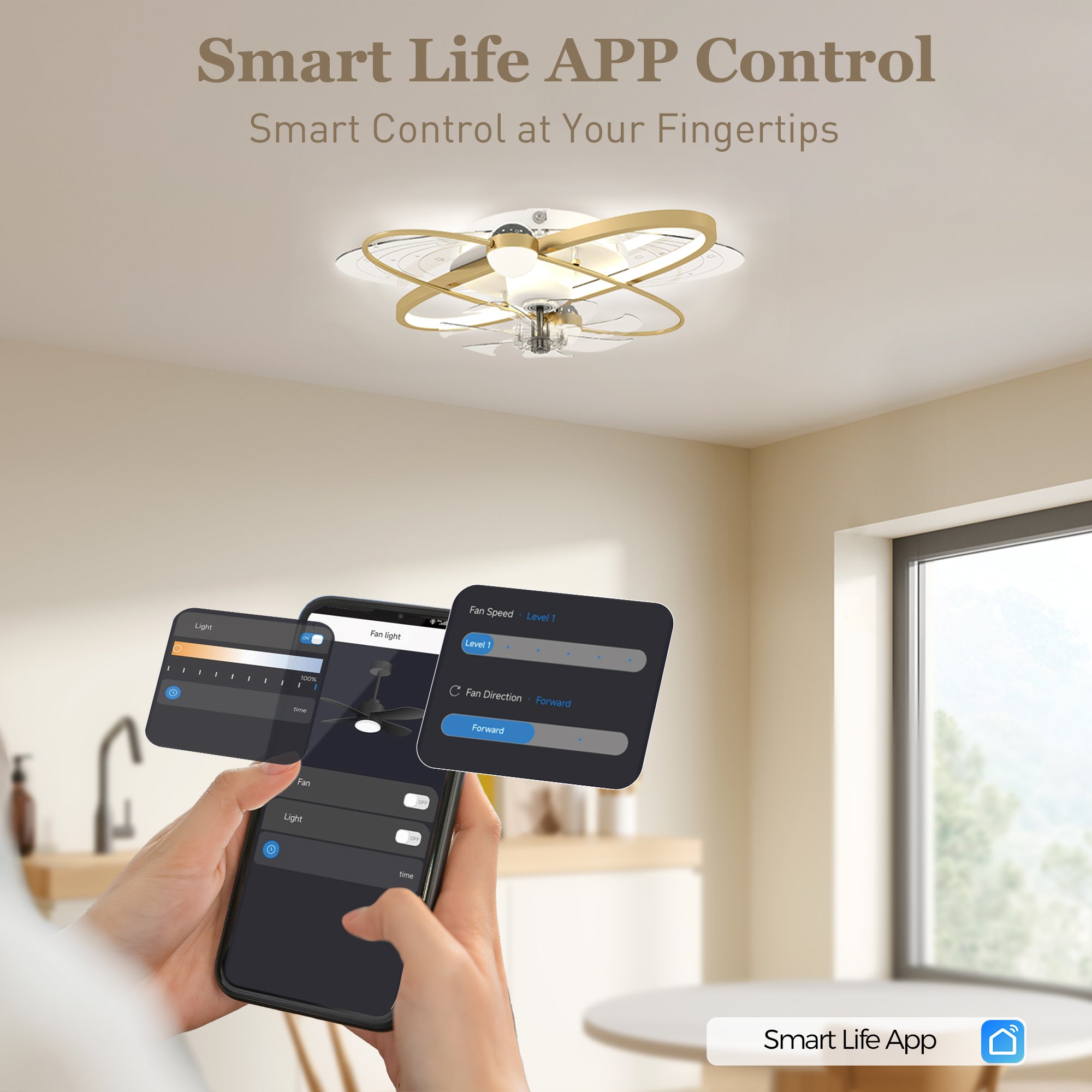 HOMCOM Ceiling Fan with Light and Remote, 3 Colour Temperatures, LED Mount Ceiling Fan Light for Bedroom, Gold Tone 