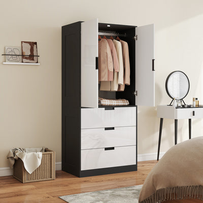 HOMCOM 2 Door Wardrobe, Modern Wardrobe with 3 Drawers and Hanging Rod for Bedroom, High Gloss White 