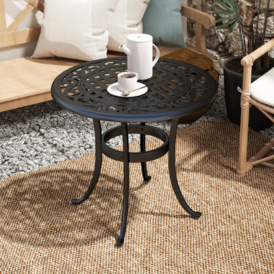 Outsunny 60cm Round Garden Table, Outdoor Hollow Top Design Side Table with Cast Aluminium Frame for Patio, Garden, Balcony, Black 