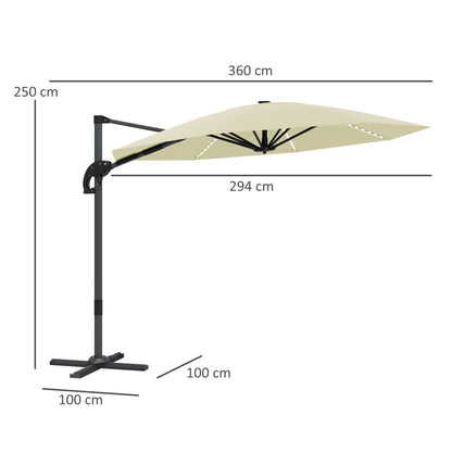 Outsunny 3(m) Cantilever Garden Parasol with Solar Powered Lights, Crank Handle & Cross Base, UPF 50+, 360° Rotation, Cream 