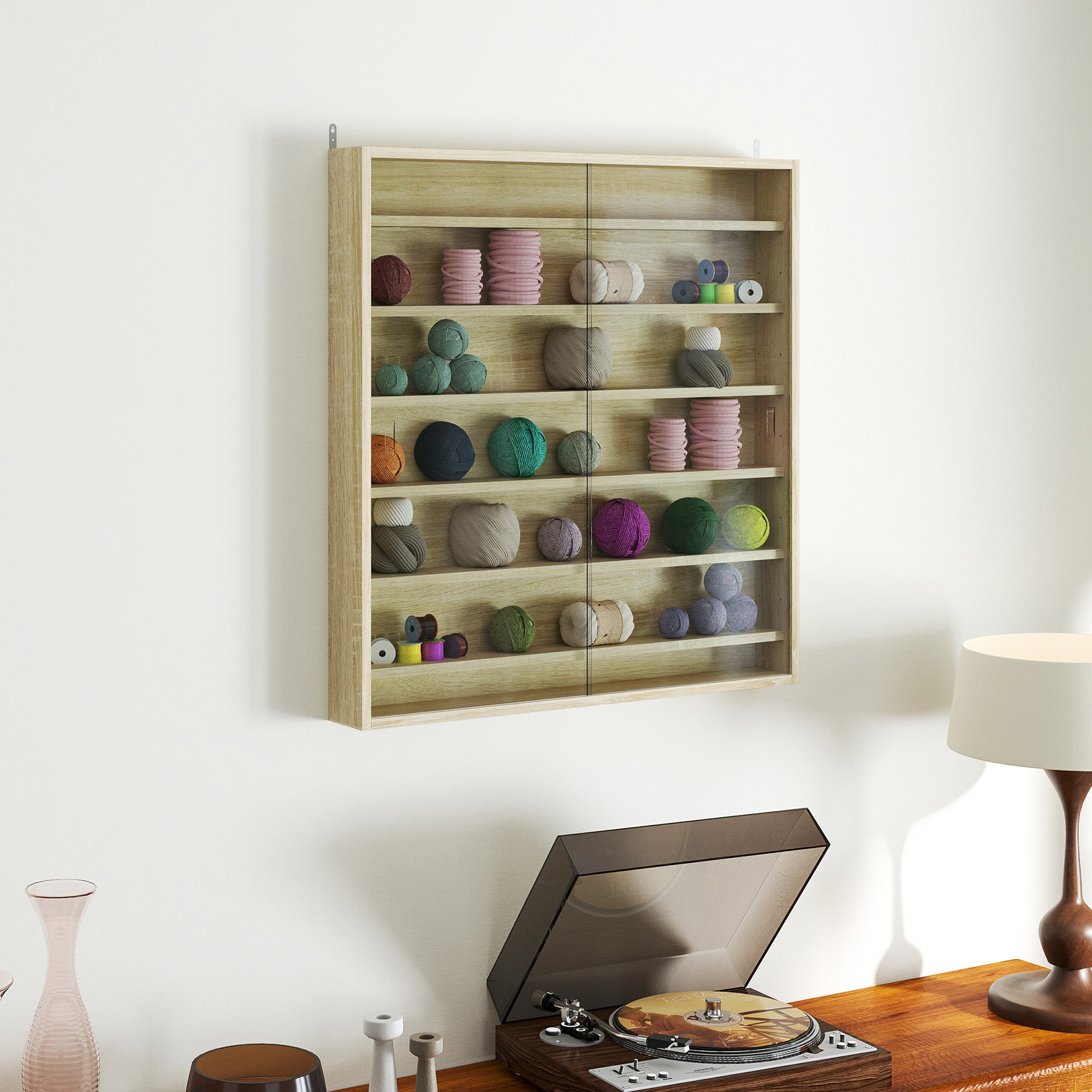 HOMCOM Six Shelf Display Cabinet, with Glass Doors - Oak