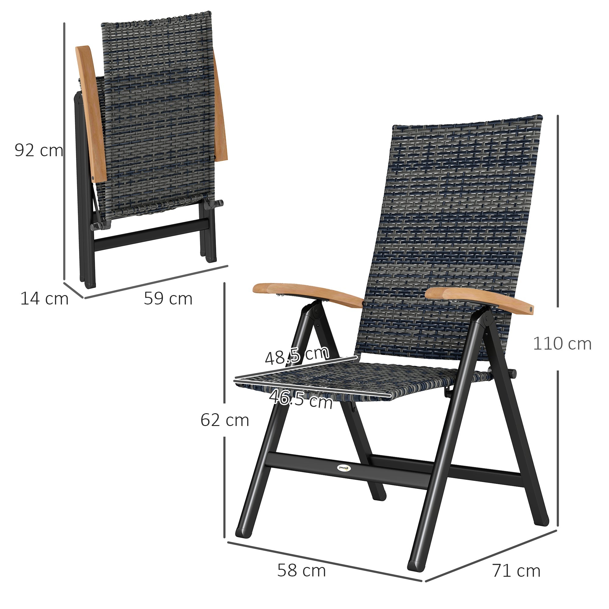 Outsunny 2 Pieces Outdoor Foldable Dining Chair with Armrests, High Backrest, for Garden, Camping, Balcony, Mixed-grey 