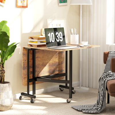 HOMCOM Six-Seater Drop-Leaf Dining Table, with Wheels - Brown Wood-Effect 