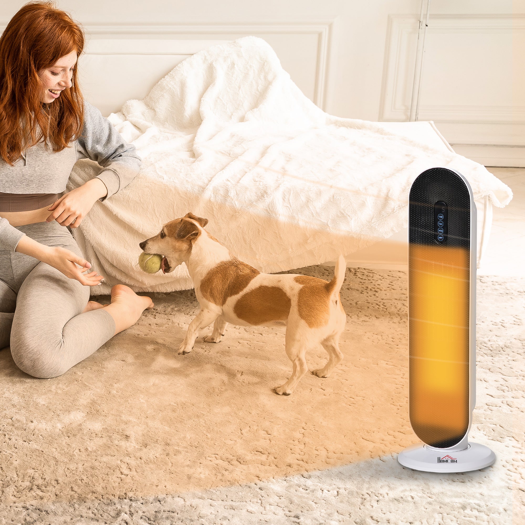 HOMCOM Ceramic Space Heater, Indoor Tower Heater with 2 Heat, Oscillation, Remote Control, Timer, Tip-Over & Overheating Protection, 1200W/2000W, White 