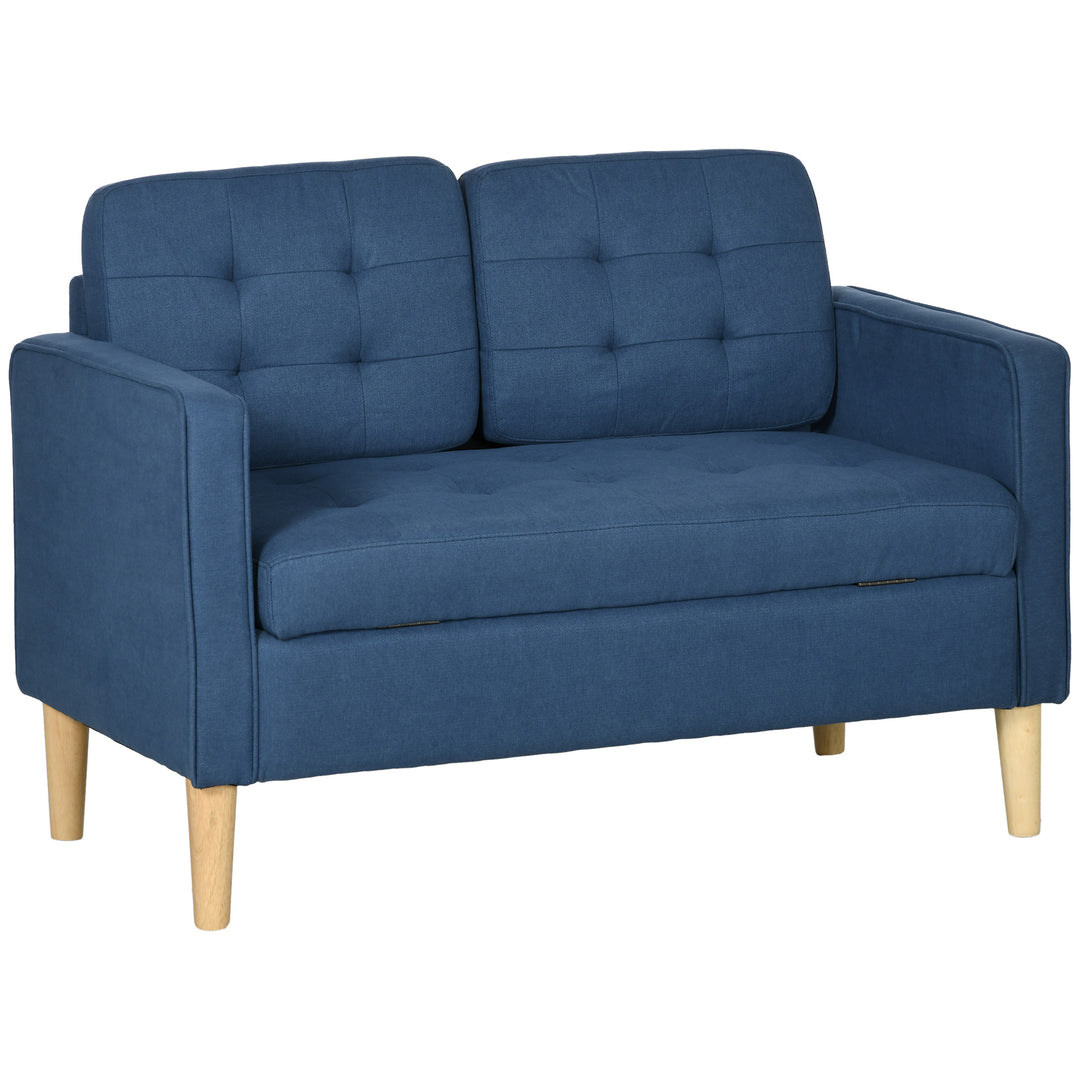 HOMCOM Modern Loveseat Sofa, Compact 2 Seater Sofa with Hidden Storage, 117cm Tufted Cotton Couch with Wood Legs, Blue 