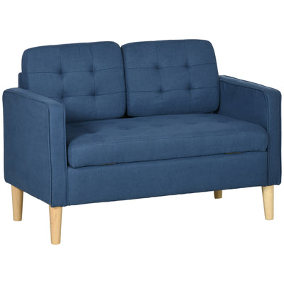 HOMCOM Modern Loveseat Sofa, Compact 2 Seater Sofa with Hidden Storage, 117cm Tufted Cotton Couch with Wood Legs, Blue 