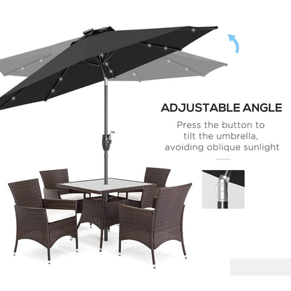 Outsunny \'ce\'a62.7m Garden Parasol Solar Outdoor Tilt Sun Umbrella Patio Sun Shade w/ 24 LED Light, Hand Crank and 8 Ribs, Black