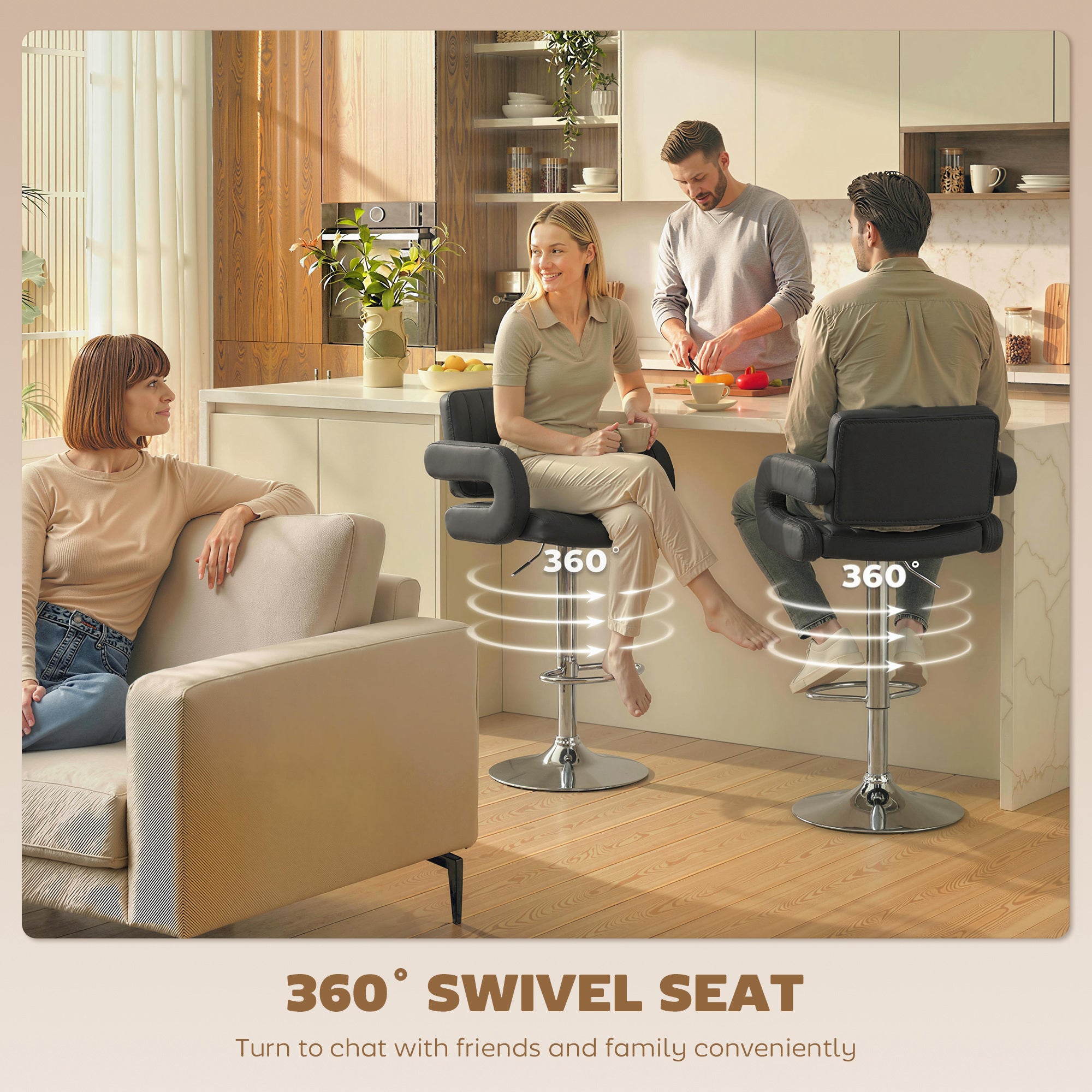 HOMCOM Bar Stools Adjustable Swivel Kitchen Chairs with Backrest Armrest Set of 2 PU Leather Black 