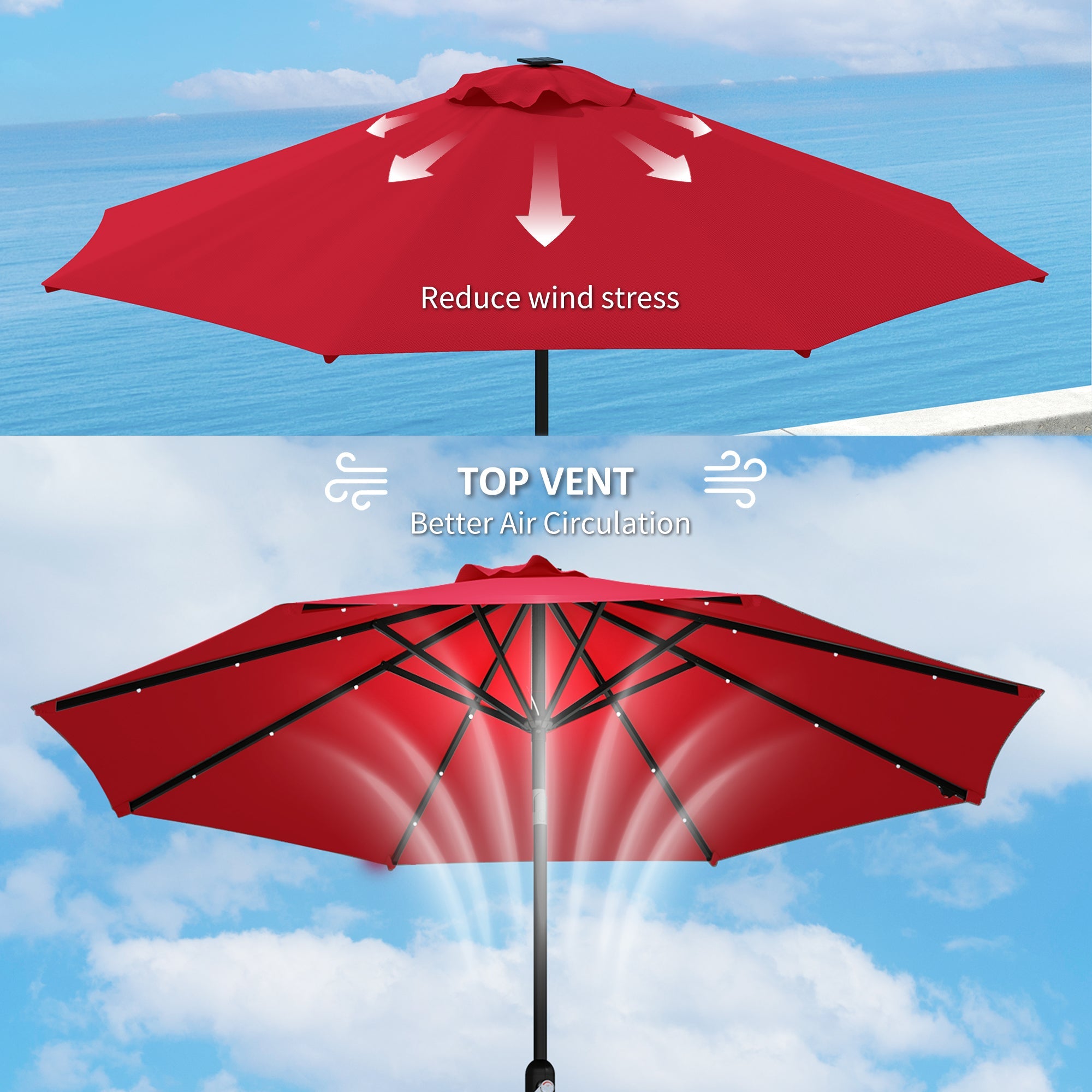 Outsunny 3 m Replacement Parasol Canopy with Top Vent, UPF 50+ Garden Parasol Replacement Canopy, 8 Rib Parasol Cover Replacement Fits Various Frames, Red 
