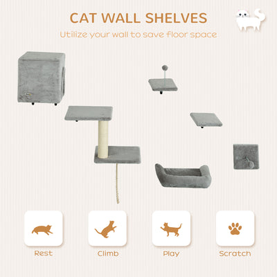 PawHut 6-Piece Cat Wall Shelves Set with Condo, Cat Wall Furniture with Platforms, Sisal Scratching Post, Bed, Toy Ball, Grey 