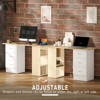 HOMCOM Computer Desk, Writing Table, PC Workstation with 3 Storage Shelves and Drawers, Silver Handle, for Home Office, Natural Wood Finish and White 