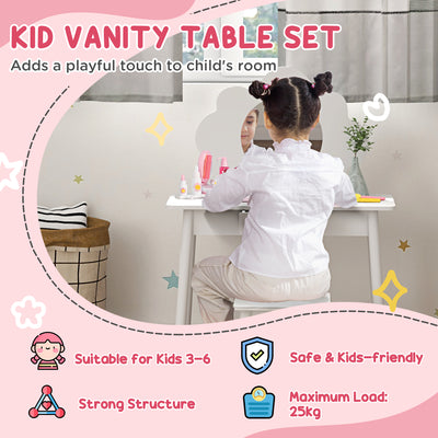 AIYAPLAY Kids Dressing Table with Mirror, Stool, Drawer, Cloud Design, White 