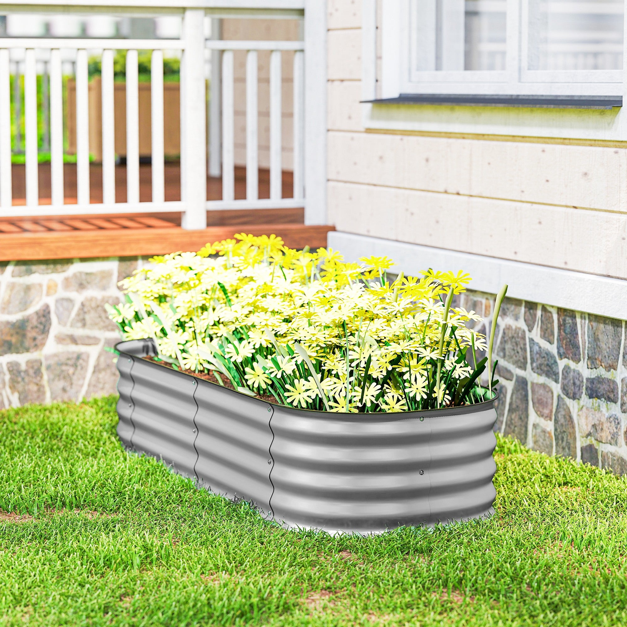 Outsunny Galvanised Raised Garden Bed, Metal Planter Box with Safety Edging, for Flowers, Herbs, Succulents, Silver 