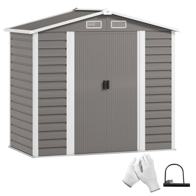 Outsunny 7 x 4ft Garden Shed, Easy to Assemble, Upgraded Galvanised Steel Frame with Foundation Kit, Double Doors with Lock, Outdoor Metal Shed with Vents and Gloves, Garden Storage Shed, Light Grey 