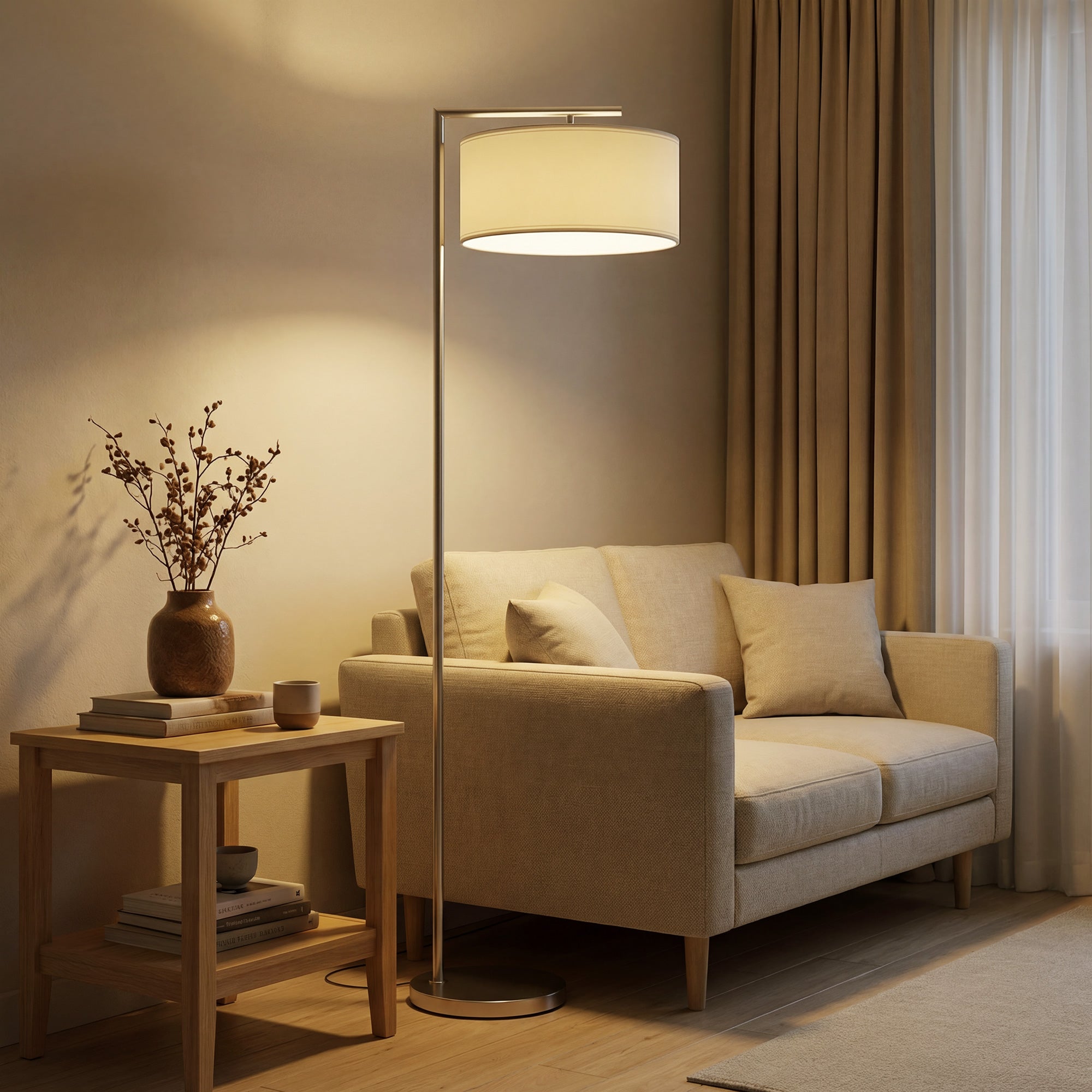 HOMCOM Floor Lamp, Modern Standing Lamp with Linen Lampshade, Round Base for Living Room, Bedroom, Dining Room, 153cm, Silver Tone 