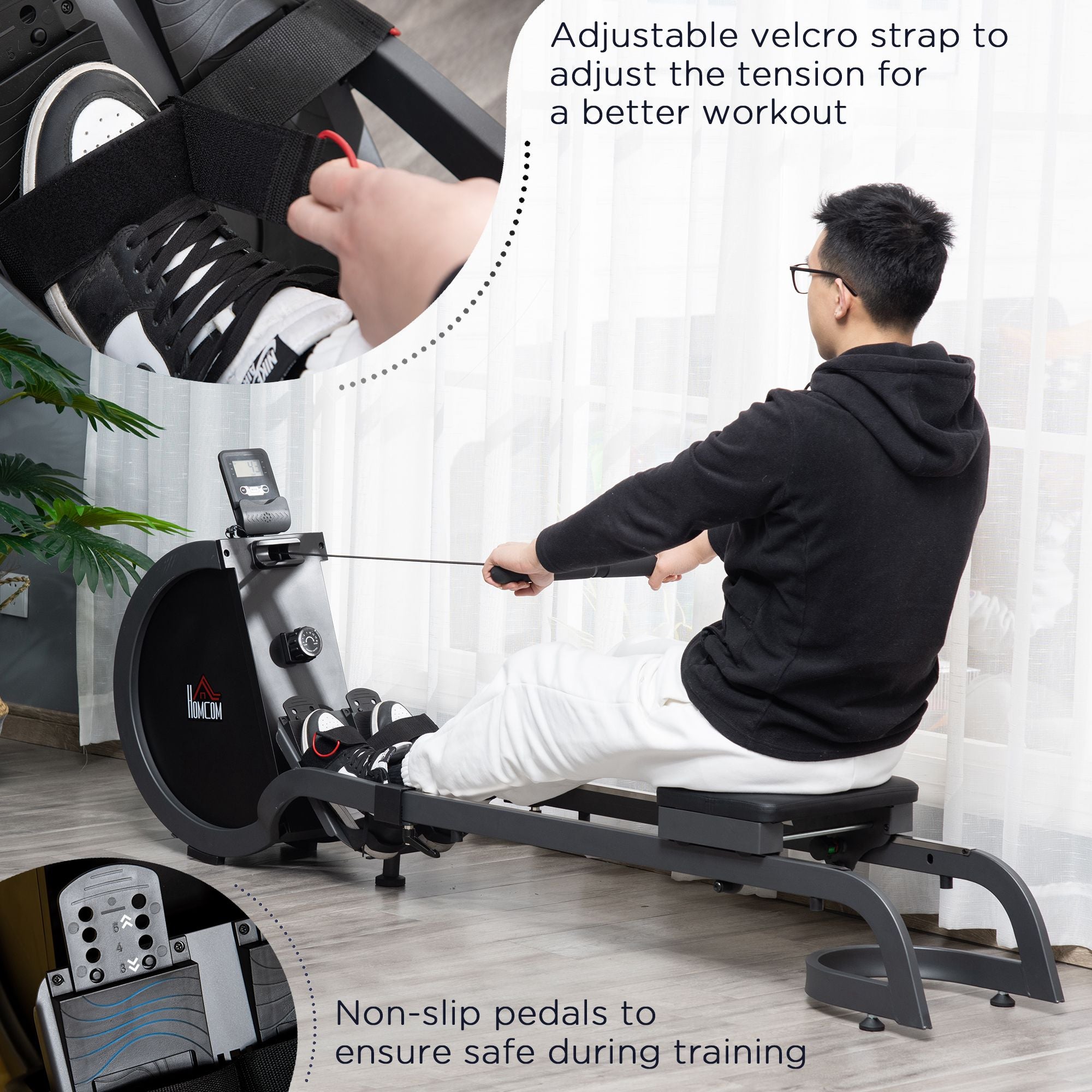 HOMCOM Folding Rowing Machine with 16-Level Adjustable Magnetic Resistance, Aluminium Side Rail, Digital Monitor, Cardio Workout Rower, for Home, Gym, Office 