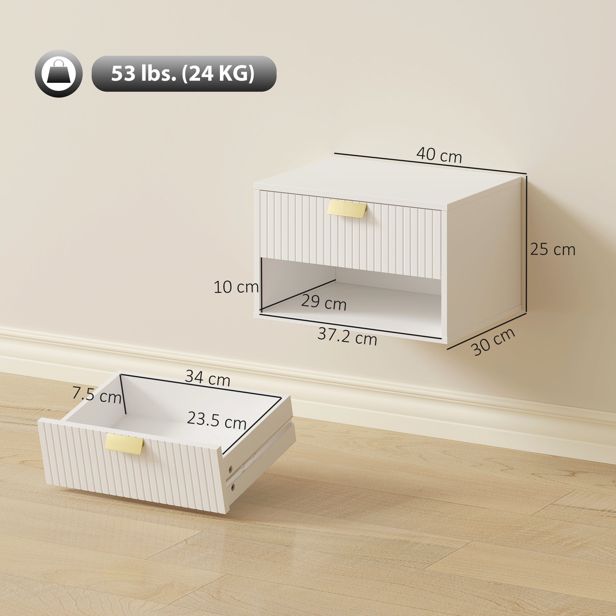 HOMCOM Set of 2 Wall Mounted Nightstands, Floating Bedside Tables with Fluted Drawer and Open Shelf for Small Bedroom, White 