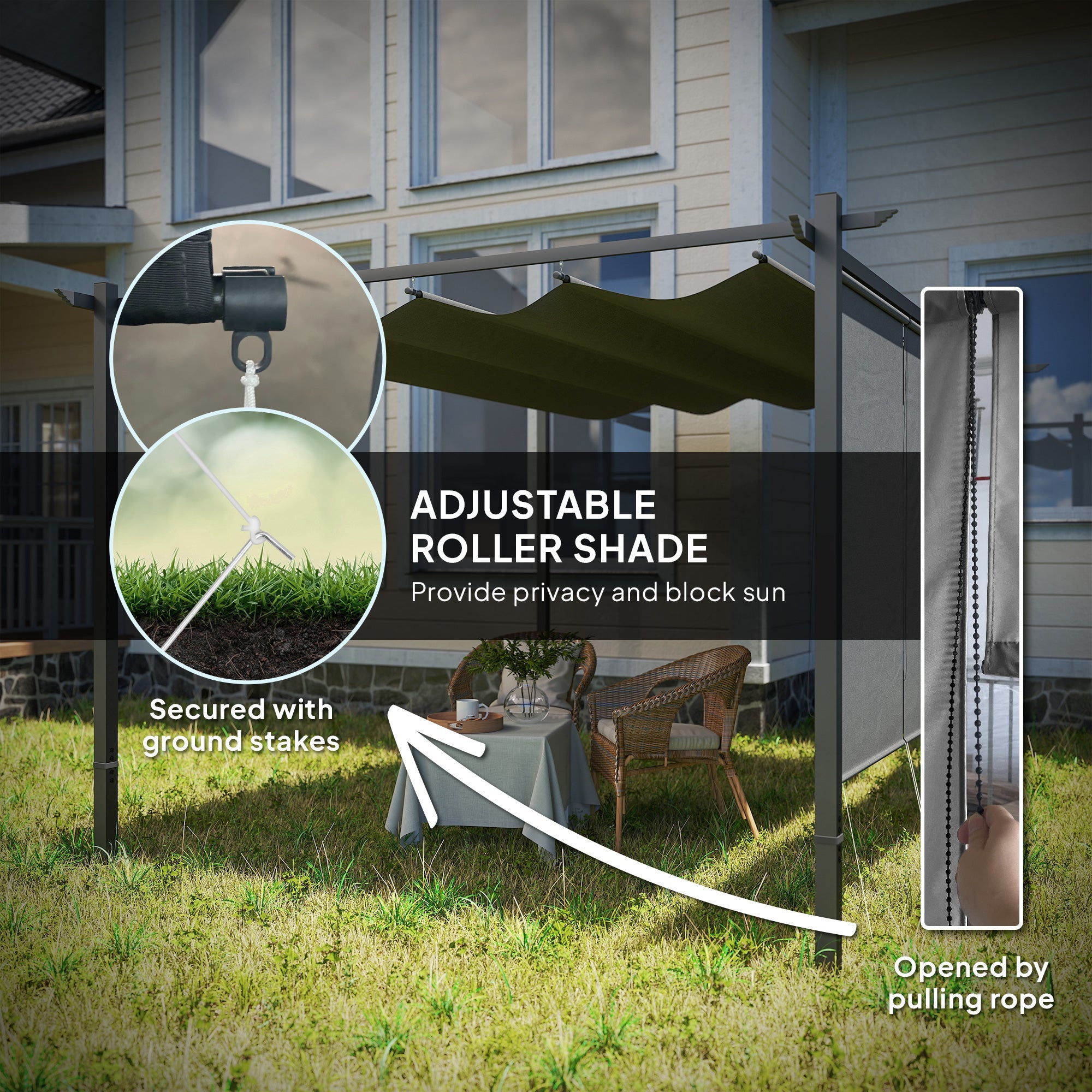 Outsunny 3 x 4m Metal Pergola with Retractable Roof and Roller Shade, Wall-Mounted or Free Standing Garden Gazebo Canopy Pergola Kit, UPF30+ Outdoor Sun Shade Shelter, Grey 