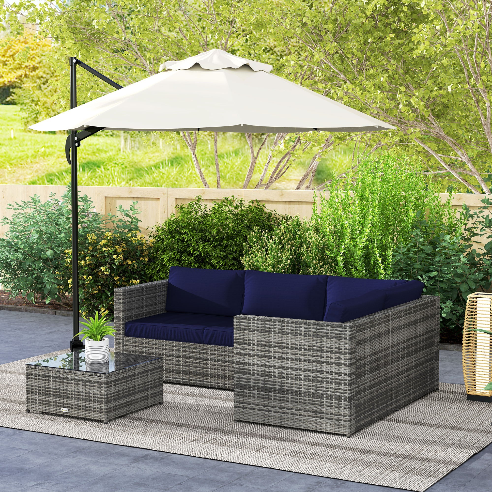 Outsunny 3 Pieces PE Rattan Garden Furniture Set with 10 cm Thick Cushions, 4 Seater Garden Corner Sofa Set with Glass Top Coffee Table, Outdoor Furniture for Patio, Porch, Blue 