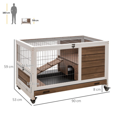 PawHut Wooden Guinea Pig Hutch, 2-Floor Bunny Cage w/ Enclosed Run Area, Brown 