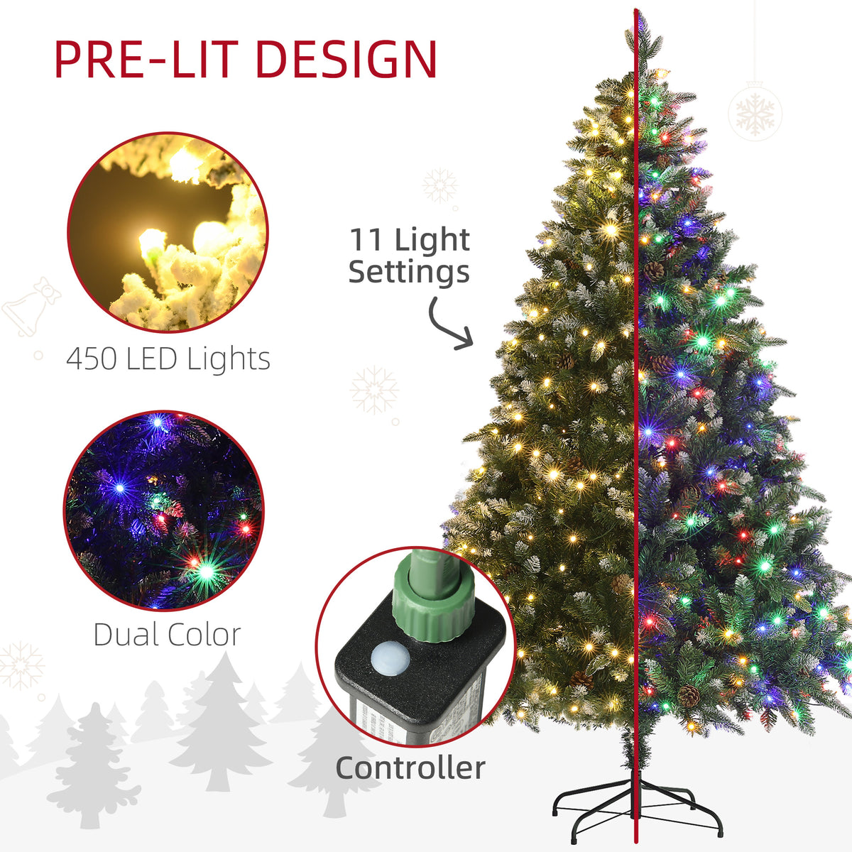 HOMCOM 7ft LED Pre-Lit Artificial Christmas Tree, with Base 