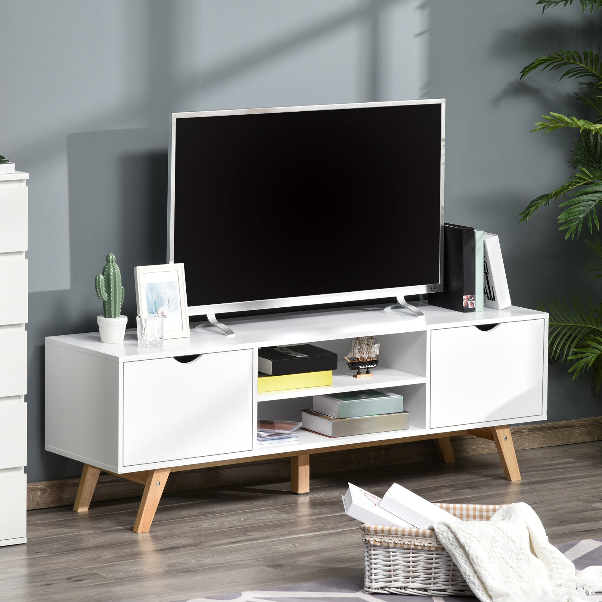 HOMCOM TV Stand Cabinet for TVs up to 65", Media Unit w/Wood Legs Storage Shelves Entertainment Center Modern Living Room Home Furniture White 