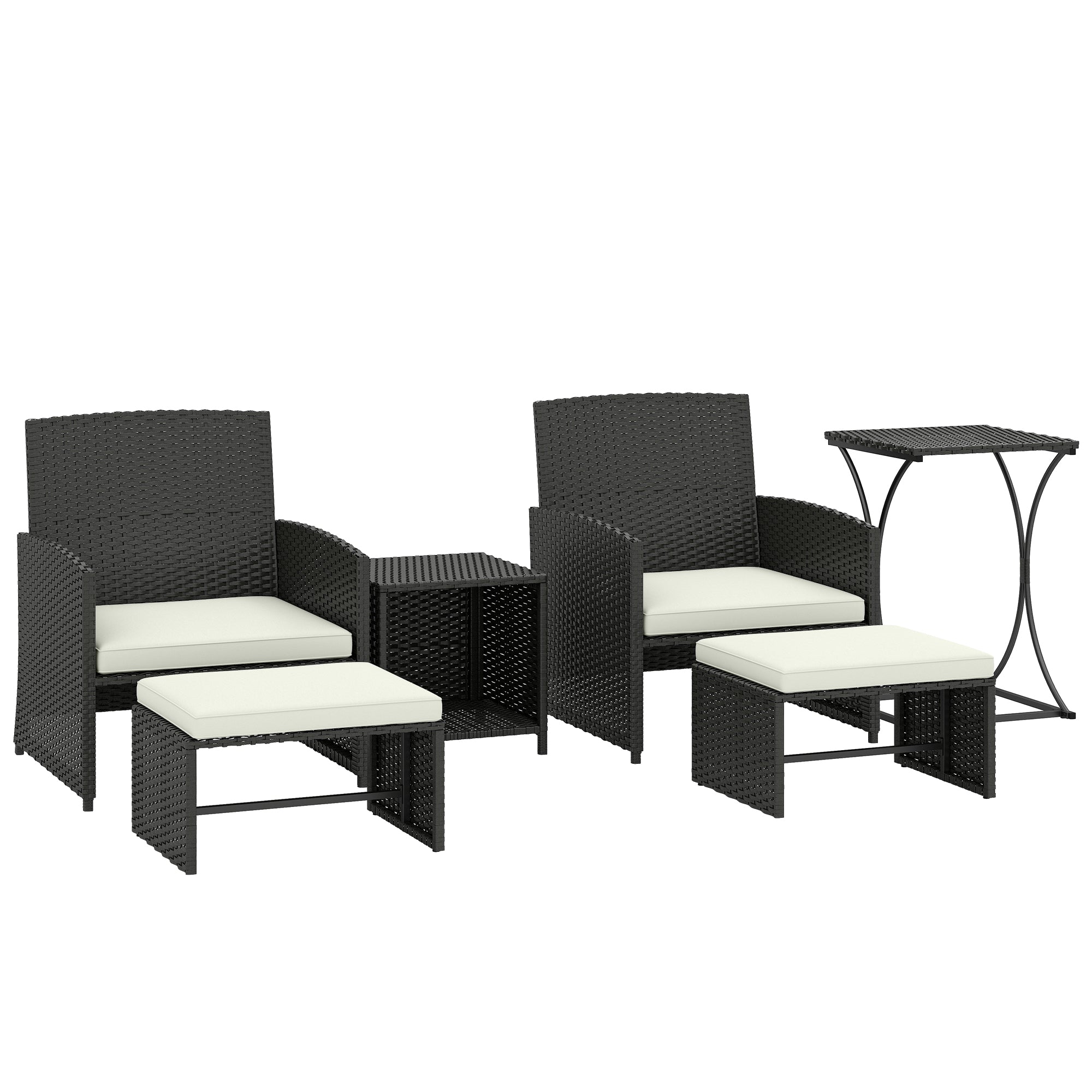 Outsunny 6 Piece Rattan Garden Furniture, Space-Saving Patio Furniture Set with Nesting Tables, Chairs, Stools, Cushions, Black 