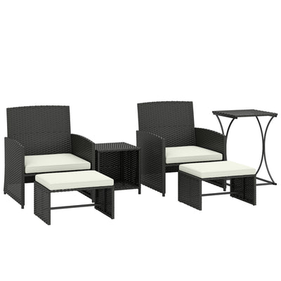 Outsunny 6 Piece Rattan Garden Furniture, Space-Saving Patio Furniture Set with Nesting Tables, Chairs, Stools, Cushions, Black 