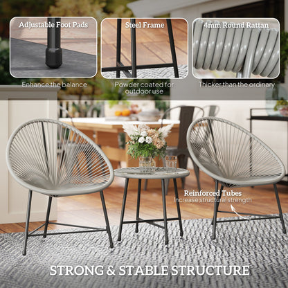 Outsunny 3 Pieces Rattan Bistro Set, Garden Bistro Set with Acapulco Chairs and Glass Top Table, Small Garden Furniture Set with Reinforced Metal Frame for Outdoor, Patio, Balcony, Grey 