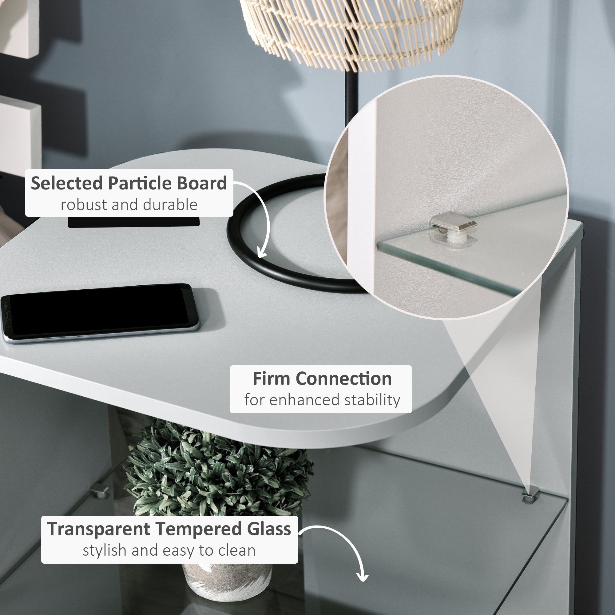 HOMCOM Modern Side Table Three Layer Bedside Table Nightstand with 2 Storage Shelves, for Living room, Bedroom, Grey 