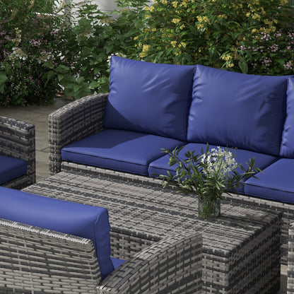 Outsunny 6 Pieces Rattan Garden Furniture Set, 7 Seater Wicker Outdoor Furniture Set with Storage Tea Table & Side Table, Sectional Garden Sofa Set with Cushions, Navy Blue 