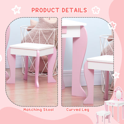 ZONEKIZ Kids Dressing table Set w/ Mirror, Stool, Drawer, Cute Patterns, for Ages 3-6 Years - Pink 